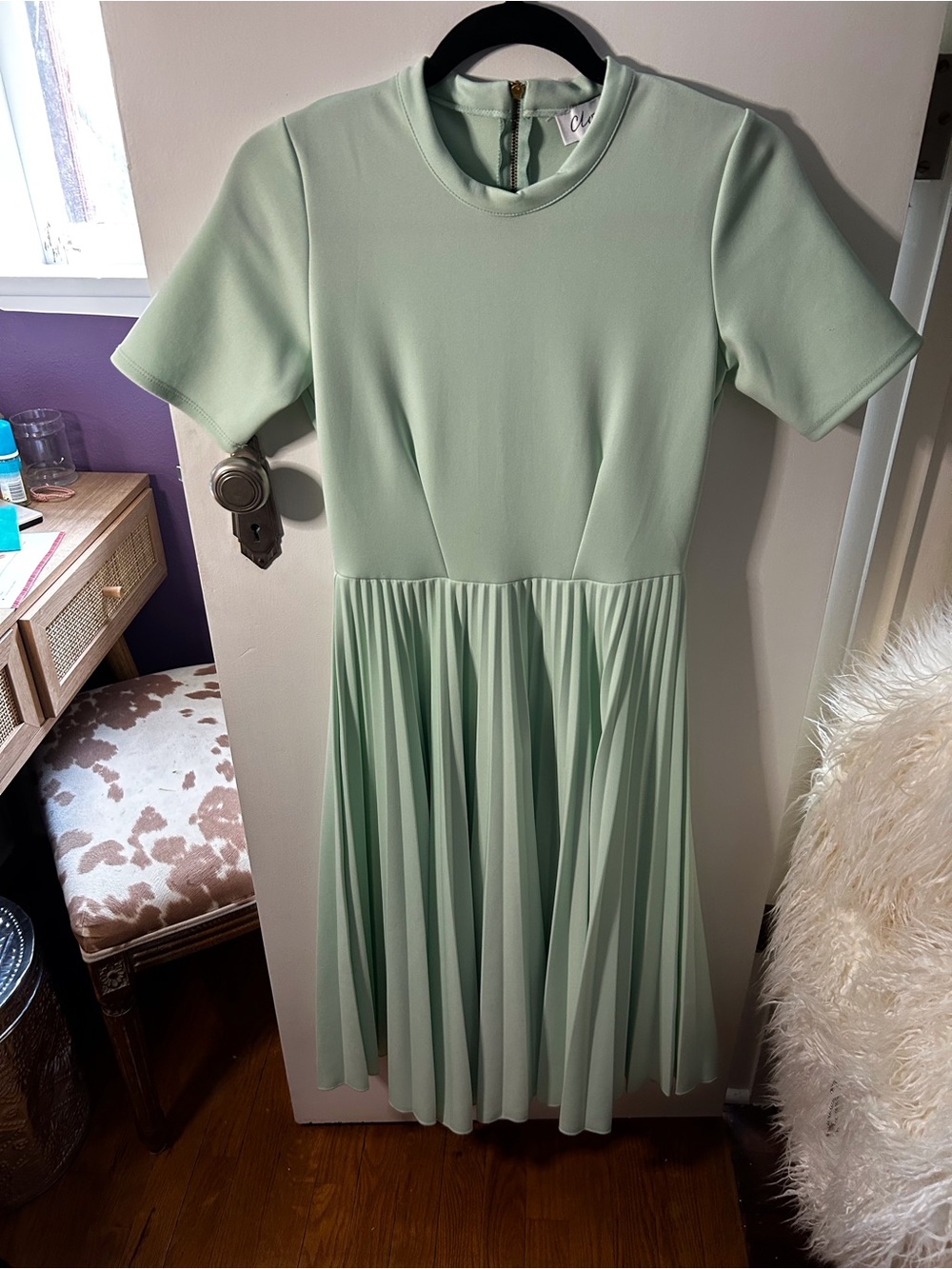 Pleated Mint Green Short Sleeve Dress